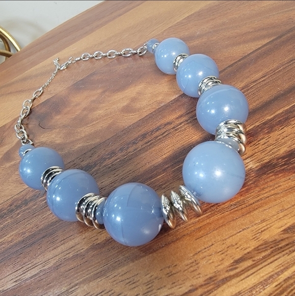 Blue Beaded Necklace With Silver Tone Accents Statement Jewelry - Picture 11 of 15